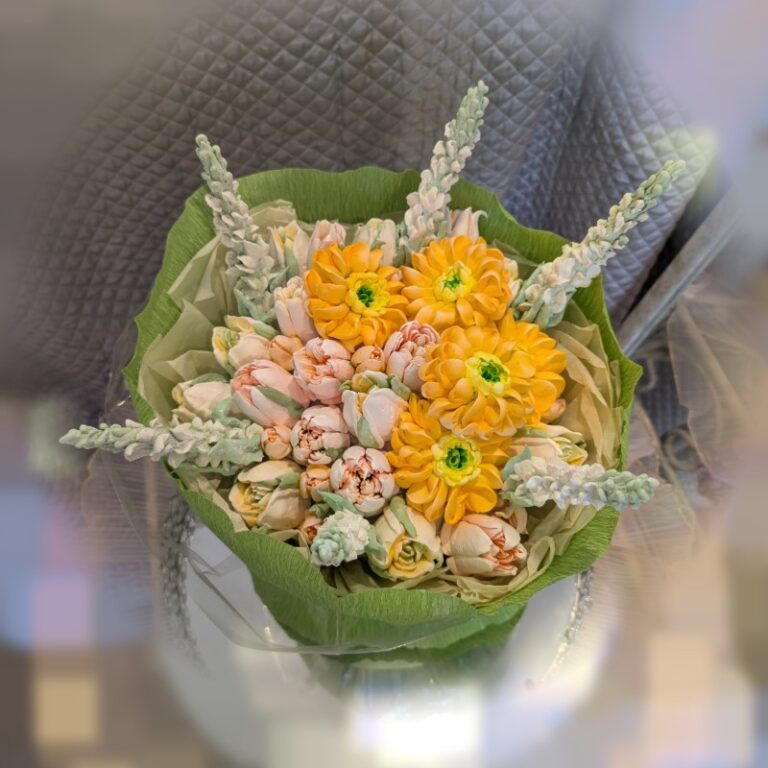 Bright orange and yellow handmade marshmallow flower bouquet, Toronto